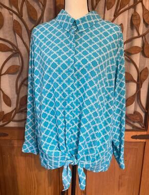 Susan Graver, turquoise blouse with gem pattern, size 18W